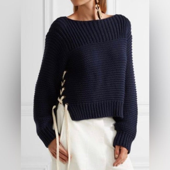 Ulla Johnson Sweaters - Ulla Johnson Navy Elliot Lace Up Cotton Sweater